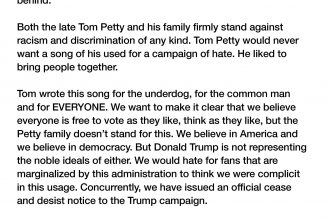 Tom Petty’s Family Issues Cease and Desist to Trump Over Use of “I Won’t Back Down”