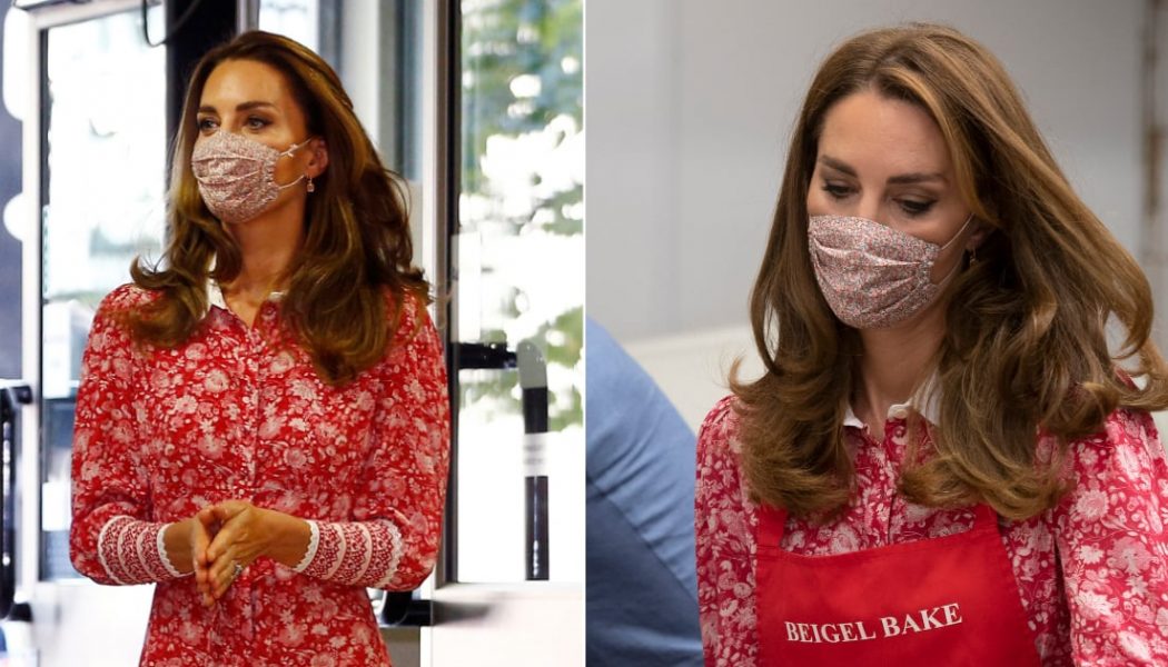 Catherine, Duchess of Cambridge Wears a Lively Red Floral Teadress to Visit London Muslim Centre