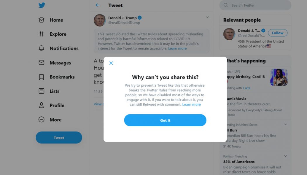 Twitter flags, limits sharing on Trump tweet about being “immune” to coronavirus