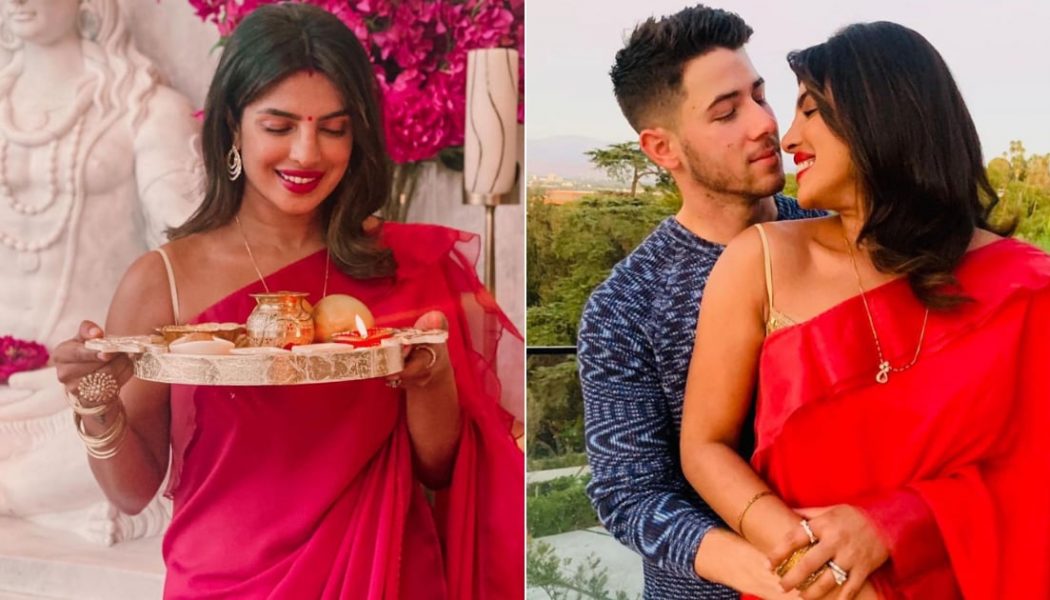 Priyanka Chopra Wears a Stunning Red Sari to Celebrate Karwa Chauth with Nick Jonas