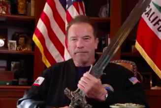 Arnold Schwarzenegger Gives Rousing Speech Defending Democracy While Holding Sword: Watch