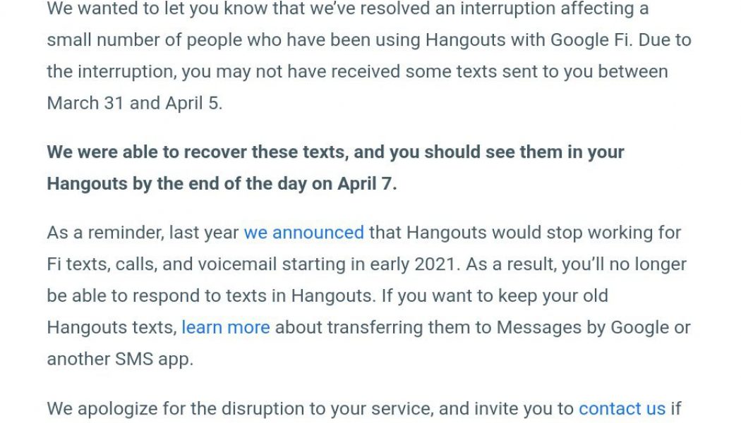 Text messages sent to Google Fi users with Hangouts went missing last week