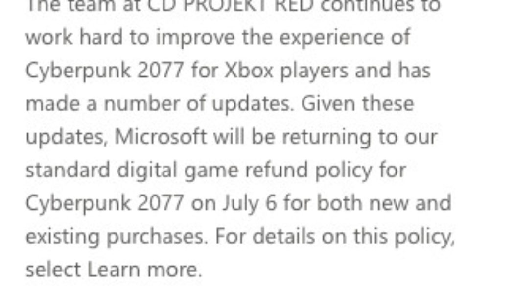 Microsoft’s expanded refund policy for Cyberpunk 2077 on Xbox ends in July