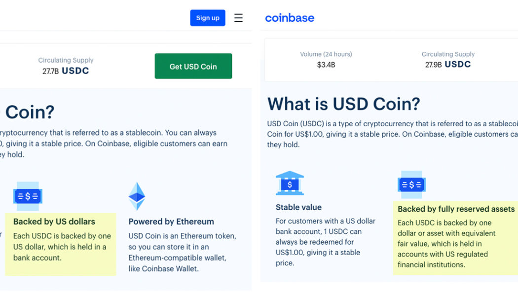 Coinbase removes ‘backed by US dollars’ claim for USDC stablecoin