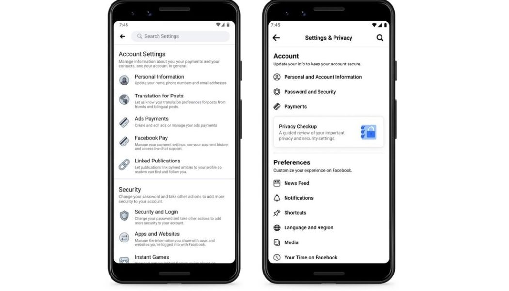 Facebook streamlines the settings page on mobile