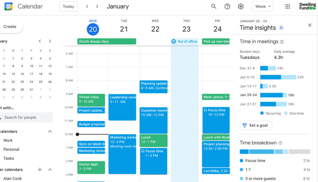 Google Calendar will break down how much of your work is spent in meetings