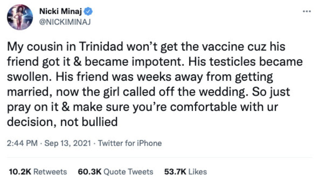 Twitter won’t act on Nicki Minaj tweet irresponsibly linking COVID-19 vaccine to impotency