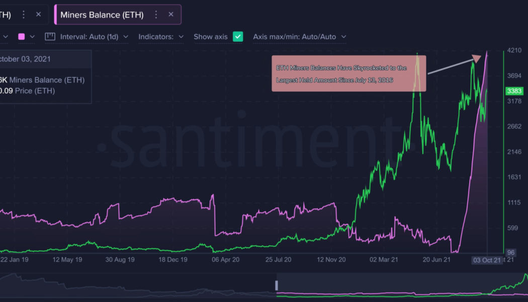 Amount of ETH held by miners reaches highest level since 2016