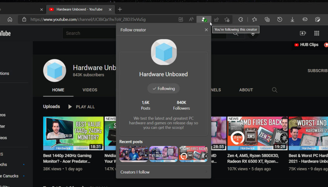 Microsoft lets you follow YouTube creators in Edge browser test
