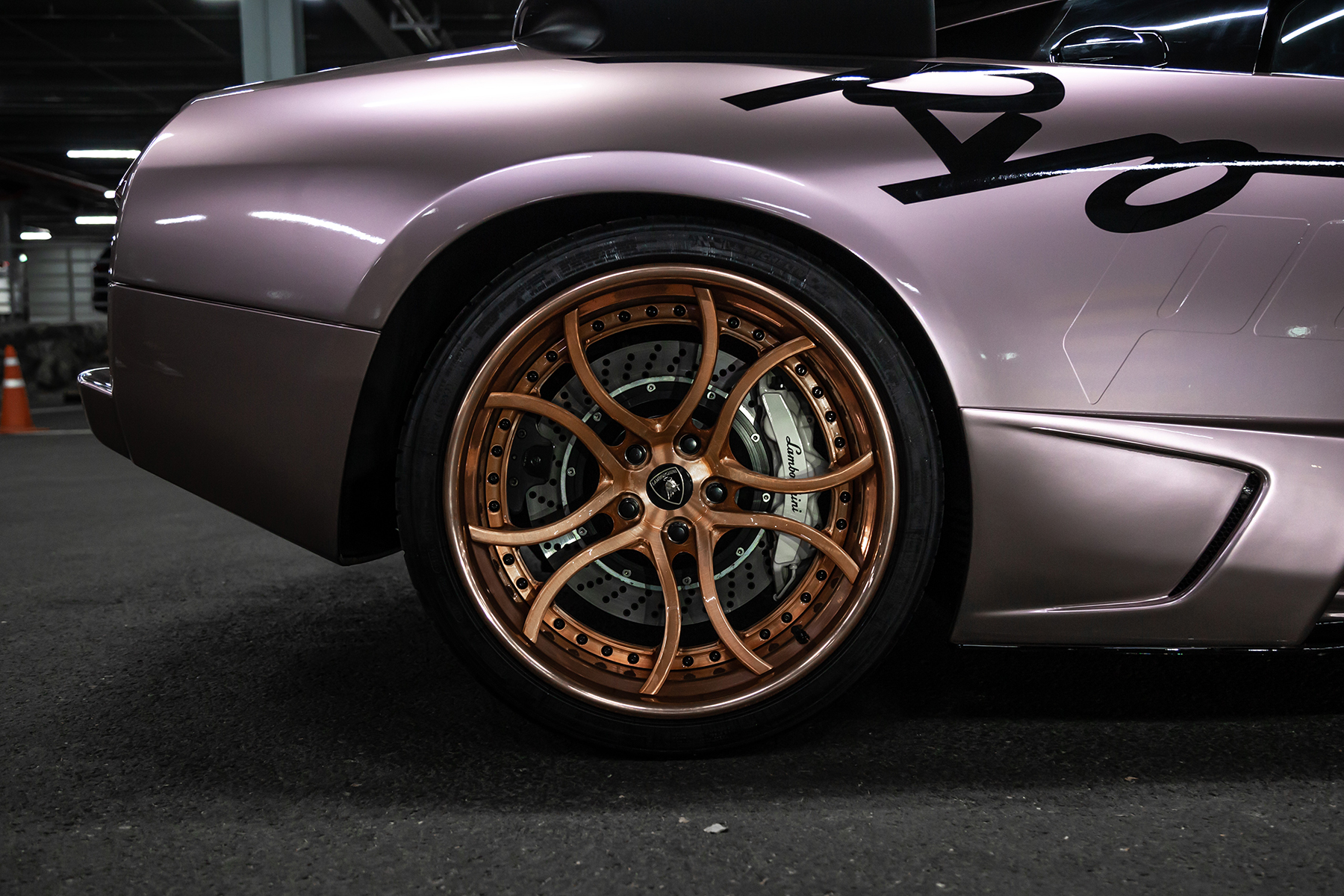 Peaches Ryo and His 2003 Lamborghini Murcielago drivers hypebeast car club purple pink gold rims