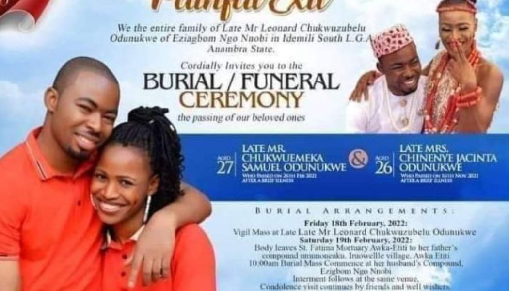 Newly Wedded Couples to Burried together after husband was poison