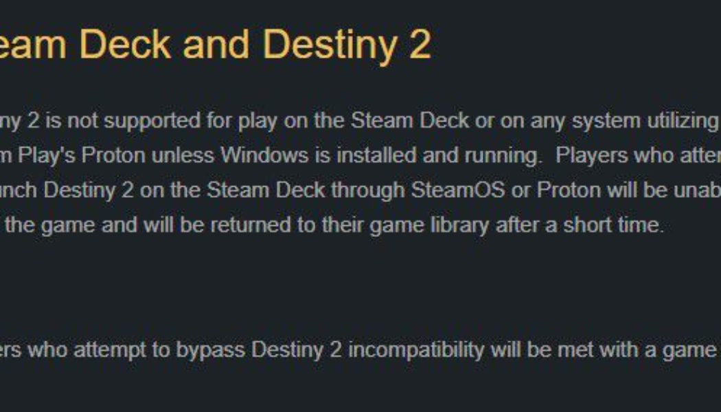 Bungie rejects Steam Deck’s Linux, threatens to ban Destiny 2 players there