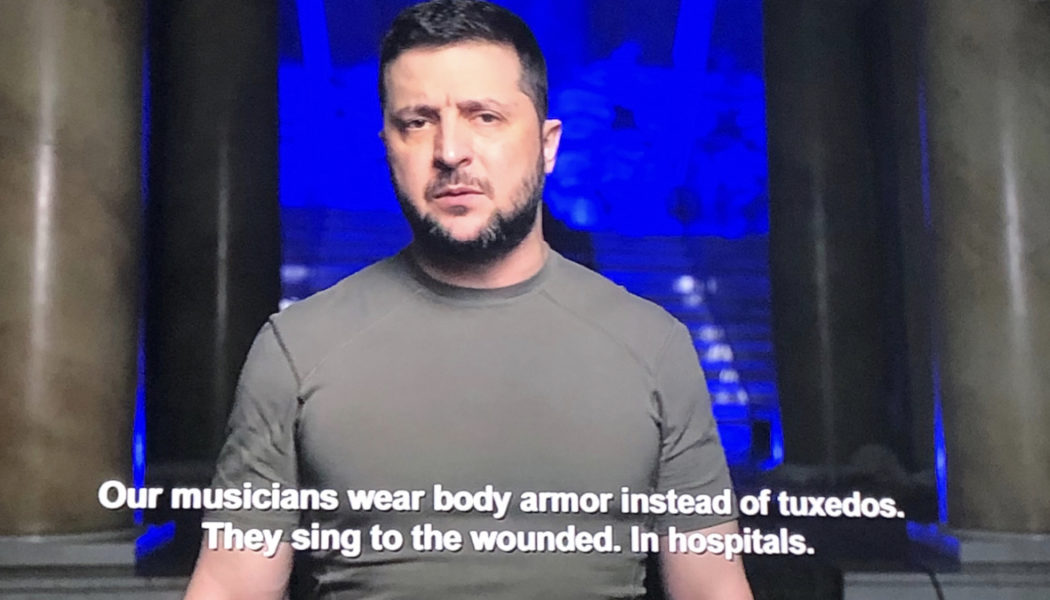 2022 Grammys: President Zelenskyy Says, “Our Musicians Wear Body Armor Instead of Tuxedos”