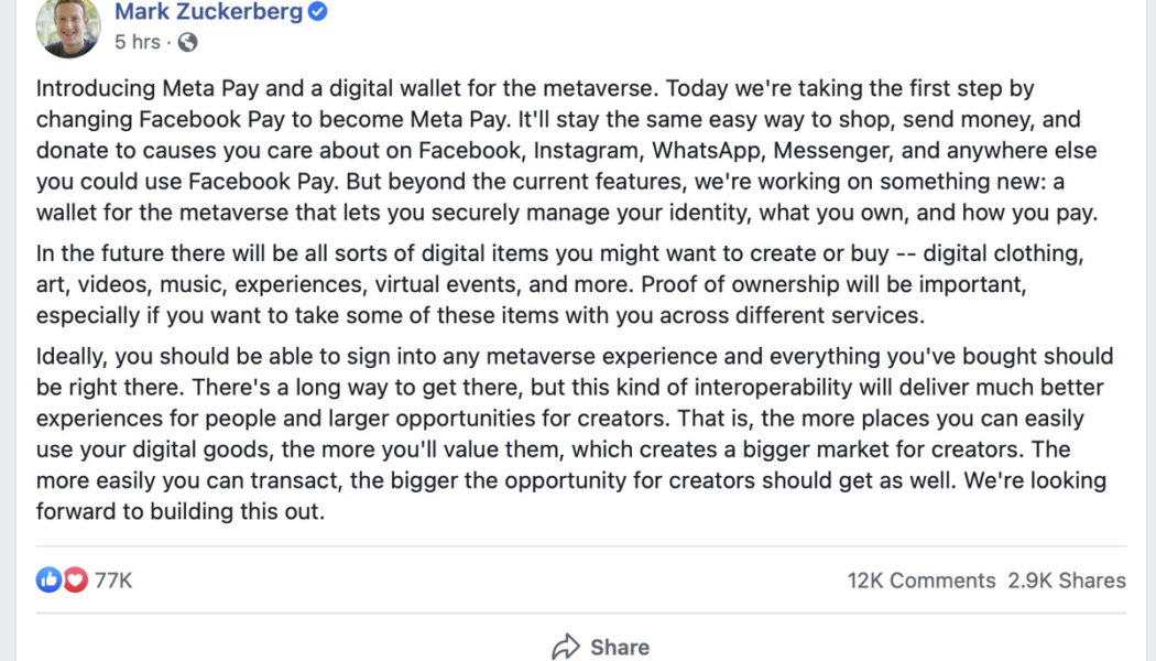 Zuckerberg details his plan to move your digital items across the metaverse