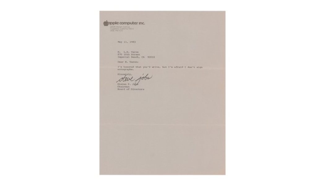 A Signed Typed Letter From Steve Jobs Saying He Does Not Give Out Autographs Auctions for Over $450K USD