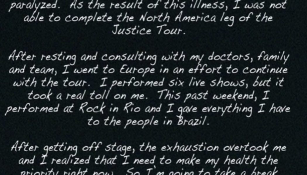 Justin Bieber Cancels World Tour to “Make My Health the Priority”