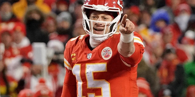 Chiefs quarterback Patrick Mahomes gestures before the snap against the Cincinnati Bengals at GEHA Field at Arrowhead Stadium Jan. 29, 2023, in Kansas City, Missouri.