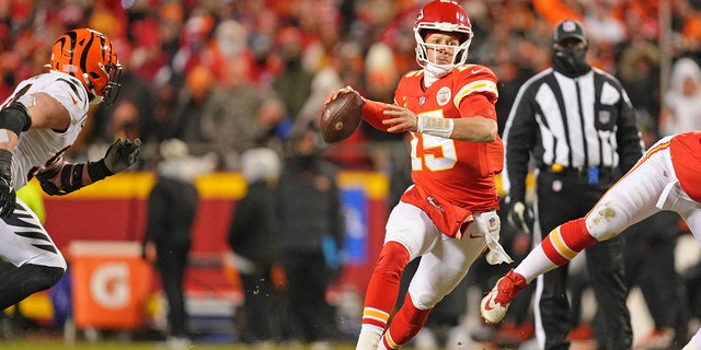 Chiefs quarterback Patrick Mahomes passes for a touchdown against the Cincinnati Bengals during the AFC Championship game at Arrowhead Stadium in Kansas City, Missouri.