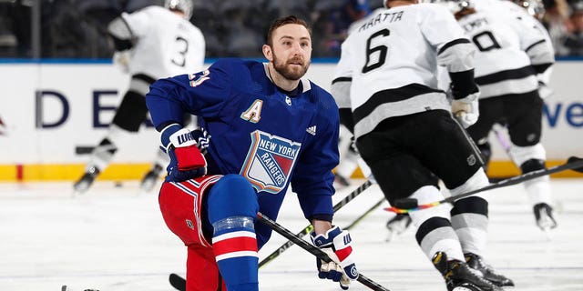 Barclay Goodrow of New York Rangers during Pride Night prior to a game against Los Angeles Kings at Madison Square Garden Jan. 24, 2023, in New York City. 