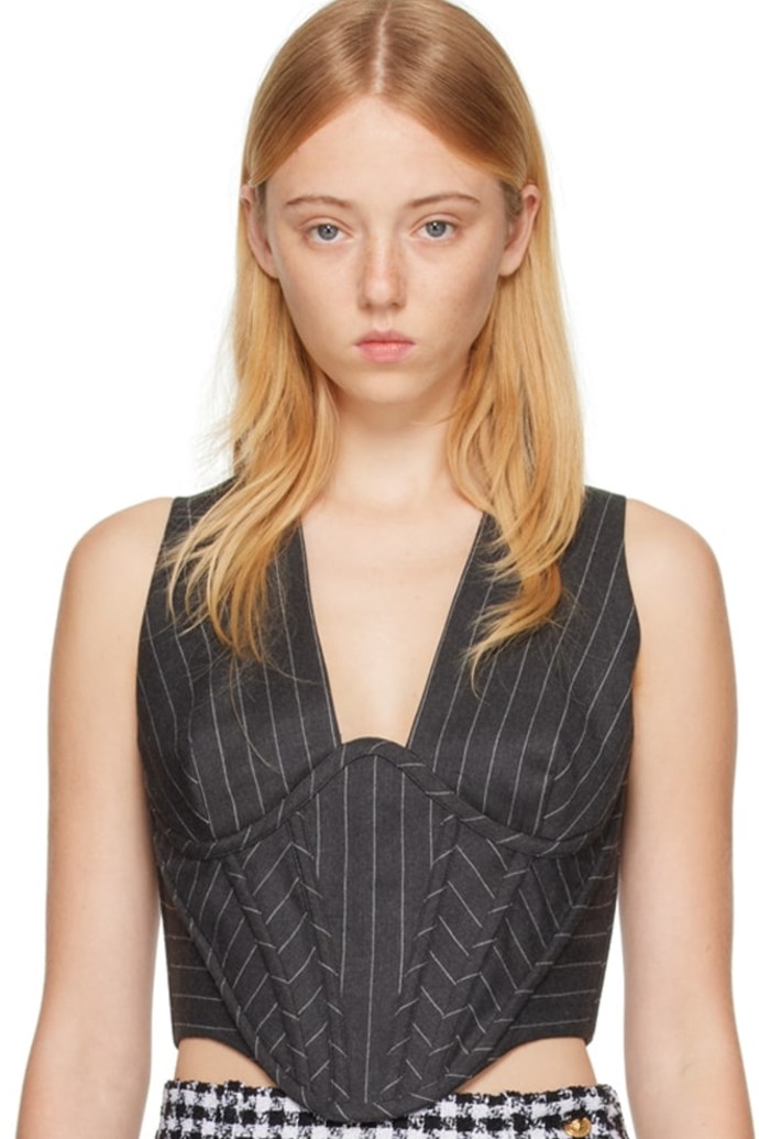 **Versace Grey Striped Corset,** $503 at **[SSENSE](https://go.skimresources.com?id=105419X1569491&xs=1&url=https%3A%2F%2Fwww.ssense.com%2Fen-us%2Fwomen%2Fproduct%2Fversace%2Fgray-striped-corset%2F11032811|target="_blank"|rel="nofollow")**