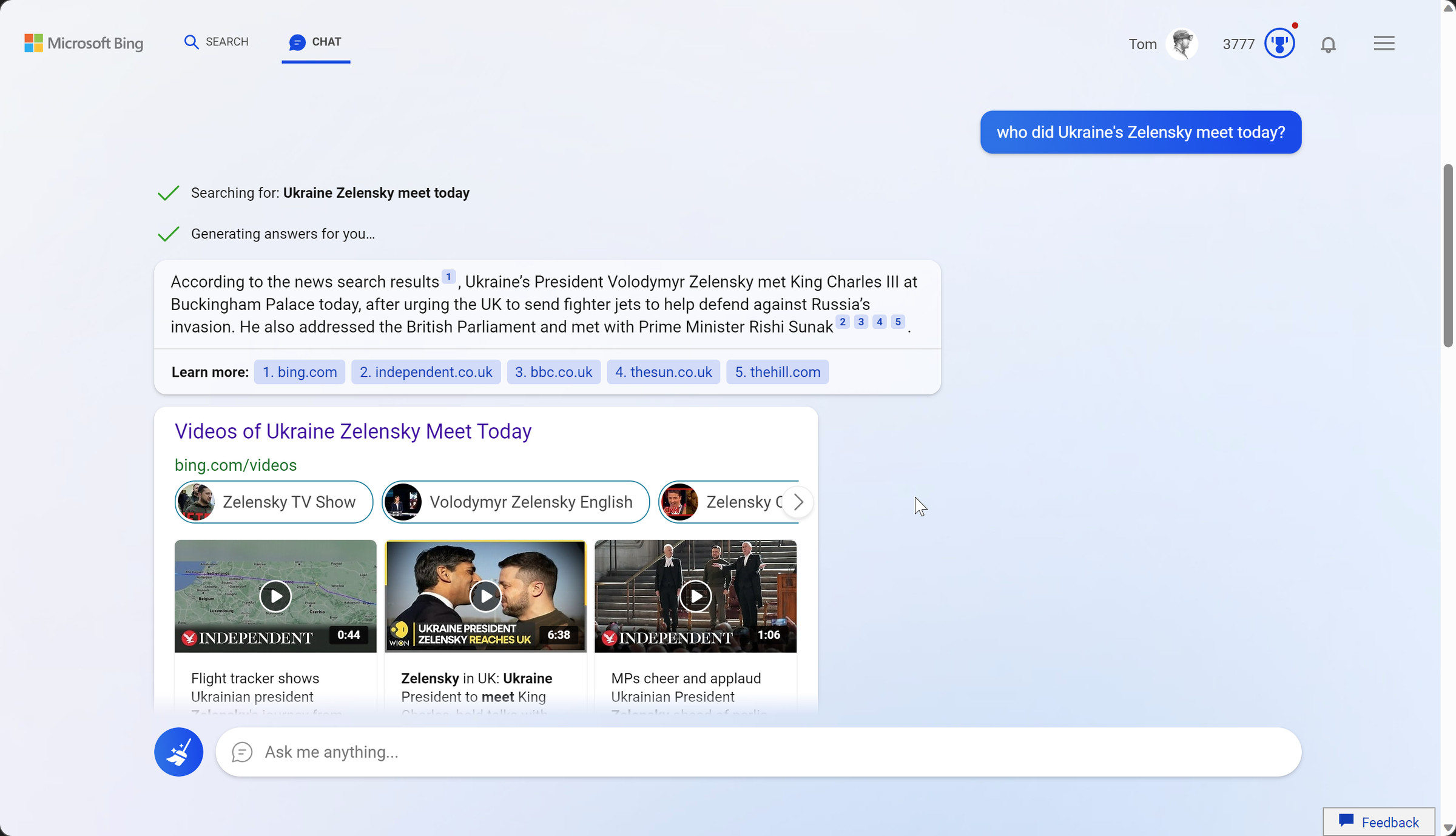 A screenshot of the Bing UI. The user has asked “who did Ukraine’s Zelenskyy meet today.” The AI-compiled answer shows he met with the British parliament. 