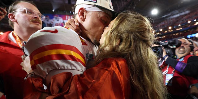 Patrick Mahomes celebrates with his wife Brittany after the Kansas City Chiefs defeated the Philadelphia Eagles in Super Bowl LVII at State Farm Stadium in Glendale, Arizona, on Sunday.