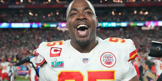 Kansas City Chiefs defensive tackle Chris Jones, #95, celebrates after winning Super Bowl LVII against the Philadelphia Eagles at State Farm Stadium Feb. 12, 2023 in Glendale, Arizona.