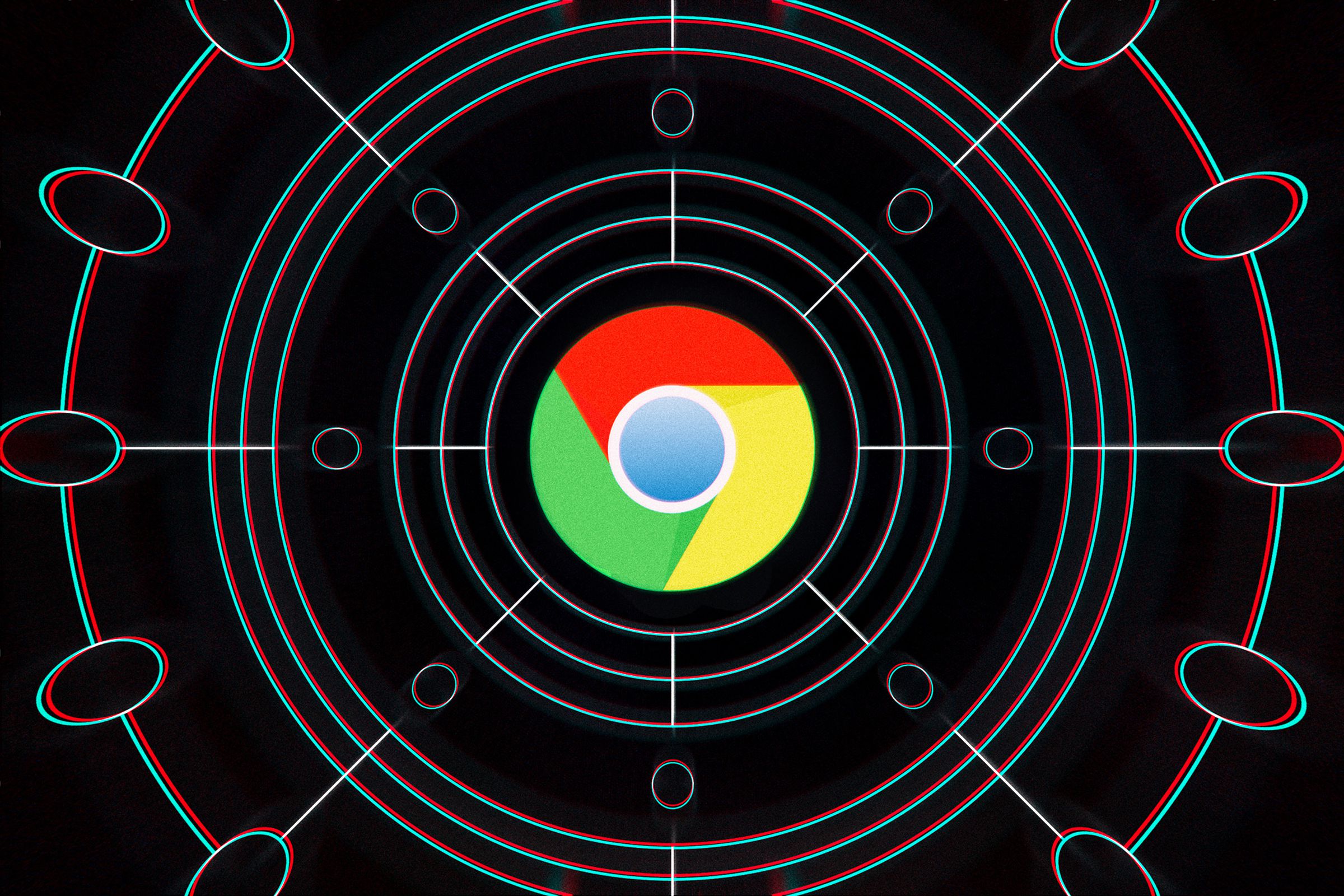 The Google Chrome logo in the center of a web-like graphic.