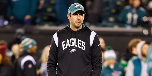 Eagles offensive coordinator Shane Steichen prior to the NFC Divisional playoff game against the New York Giants on Jan. 21, 2023, at Lincoln Financial Field in Philadelphia.