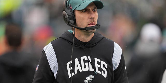 Philadelphia Eagles offensive coordinator Shane Steichen during the NFC Championship game against the San Francisco 49ers on Jan. 29, 2023.