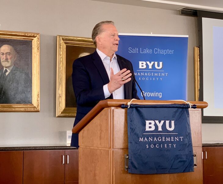 Dave Checketts, a Latter-day Saint who worked in the sports industry for almost 40 years, speaks at a BYU Management Society luncheon.