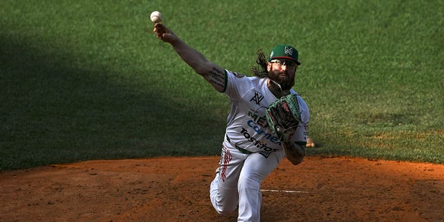 Mexico's Caneros de Los Mochis pitcher Matt Pobereyko throws the ball during their Caribbean Series semifinal game against the Dominican Republic's Tigres de Licey at the Forum La Guaira stadium on Feb. 9, 2023. 