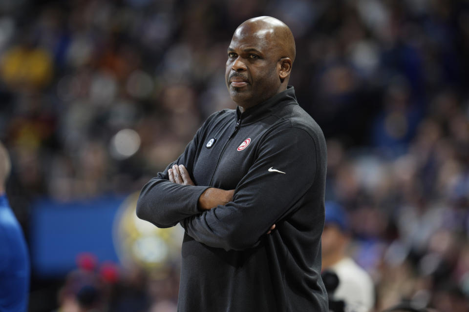 Atlanta Hawks head coach Nate McMillan in the first half of an NBA basketball game Saturday, Feb. 4, 2023, in Denver. (AP Photo/David Zalubowski)