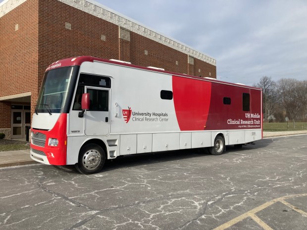 The University Hospitals Mobile Research Unit bus brings exam rooms, lab equipment and more to Harvey High School during Healthy Living at Harvey. (Bryson Durst -- The News-Herald).