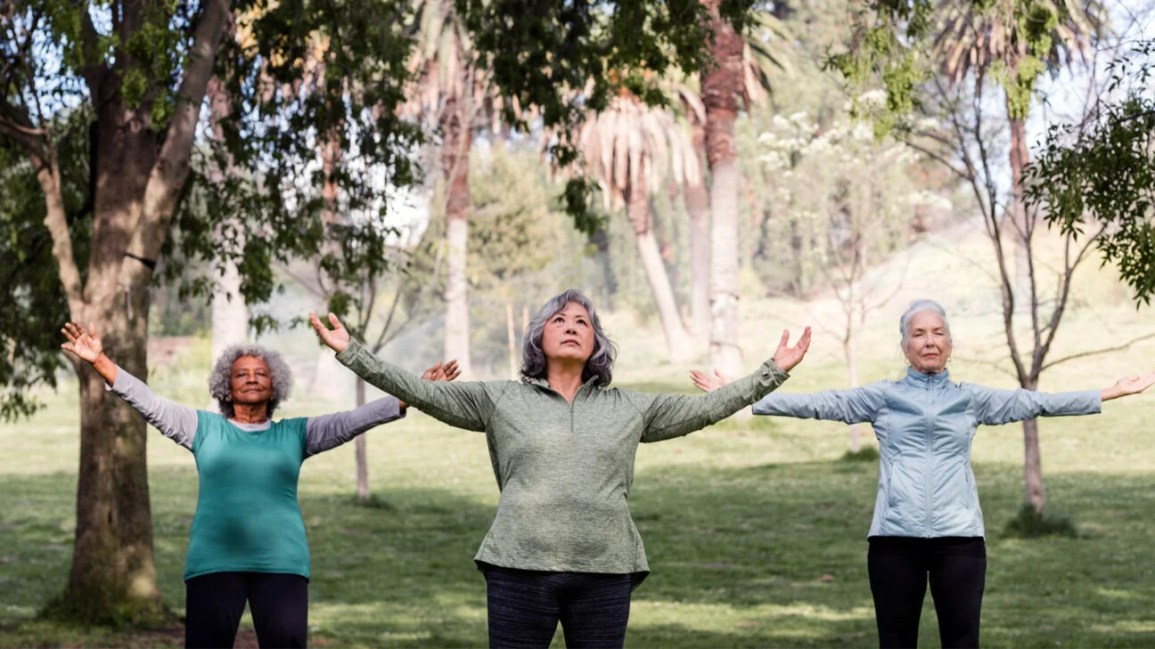 Three older women do stretching exercises among tress in a park