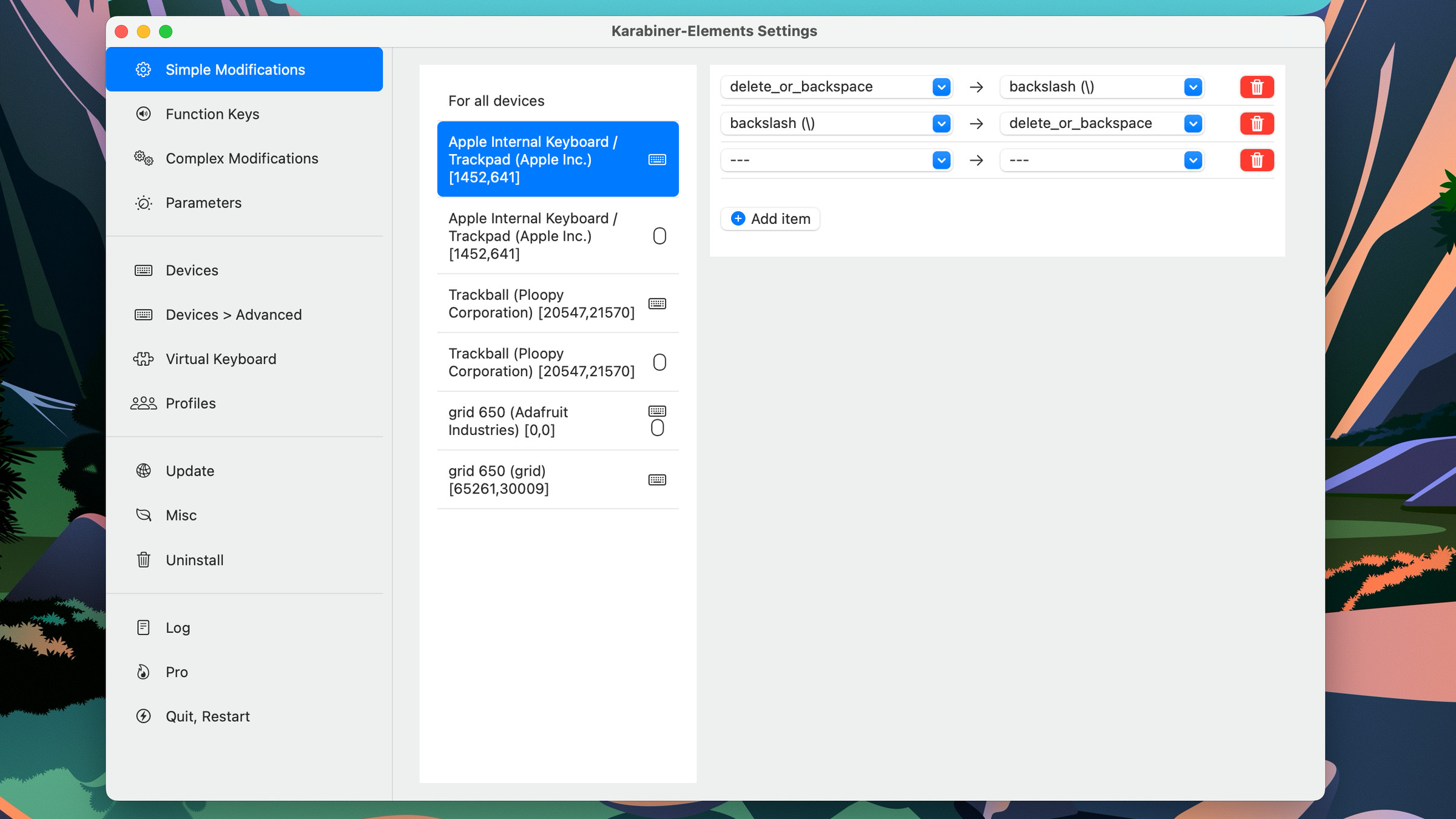 Screenshot of the Simple Modifications tab of Karabiner Elements