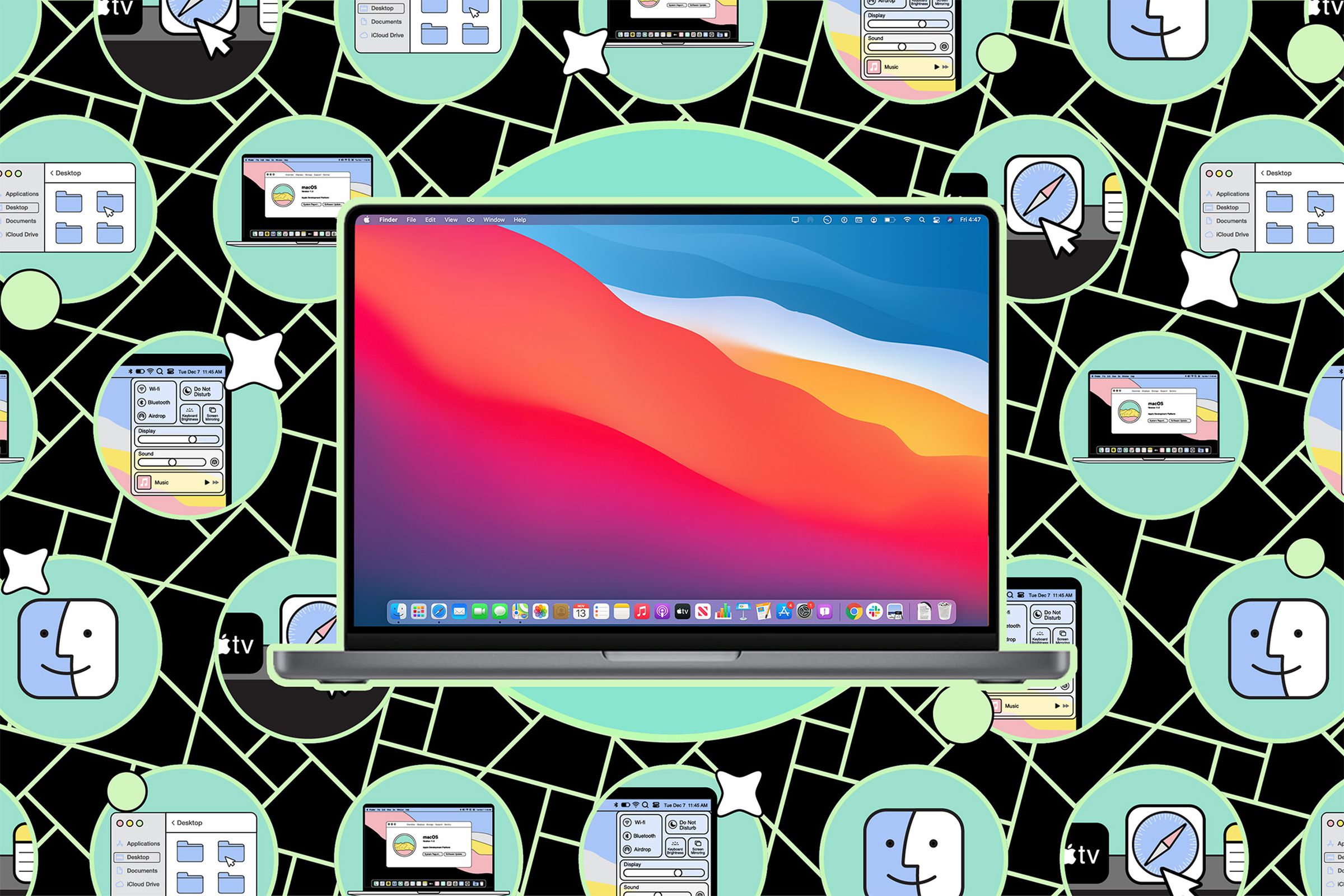 Image of a MacBook Pro on a stylized background.