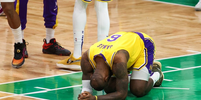 Los Angeles Lakers forward LeBron James reacts during the Celtics game at TD Garden in Boston on Jan. 28, 2023.