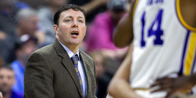 LSU assistant coach Greg Heiar, center, shouts from the sideline during the team's tournament game against Yale in Jacksonville, Fla., March 21, 2019. New Mexico State suspended operations of its men's basketball program indefinitely Feb. 10, 2023.