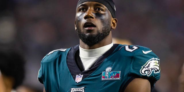 Philadelphia Eagles cornerback James Bradberry looks up during Super Bowl LVII at State Farm Stadium in Glendale, Arizona, on Sunday.