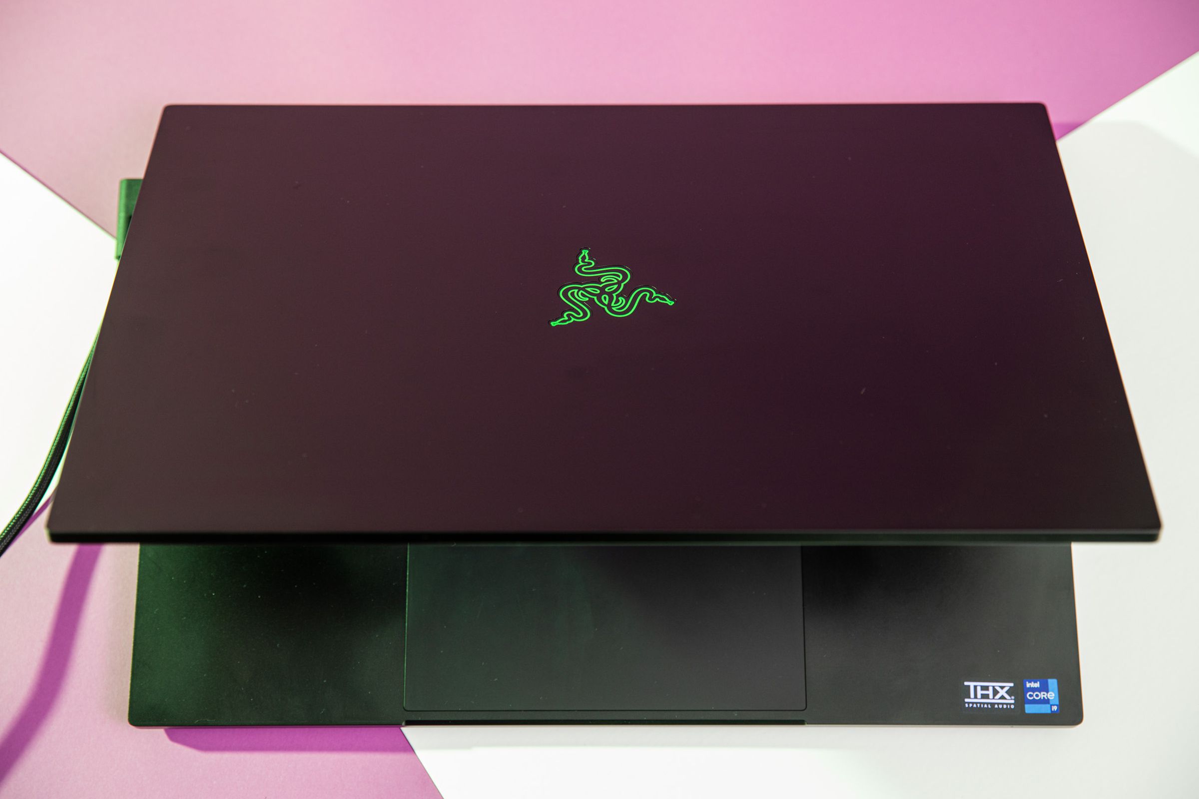 The Razer Blade 18 half open seen from above.