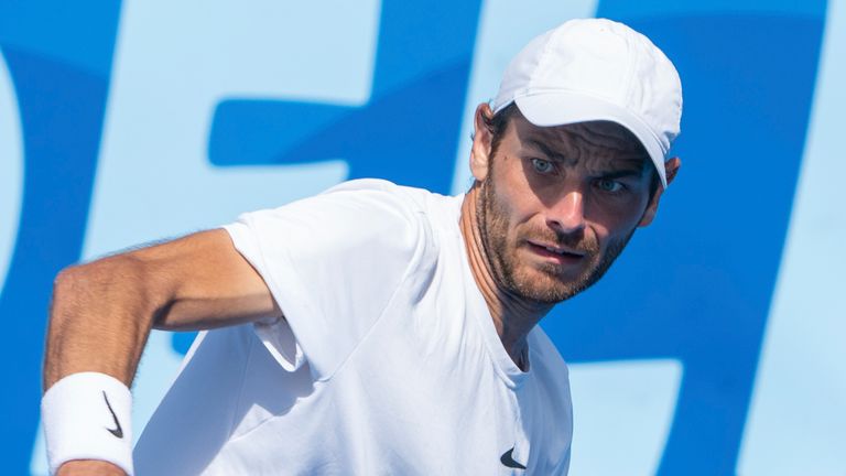 DELRAY BEACH, FL - FEBRUARY 12: Matija Pecotic (CRO) competes during the qualifying round of the ATP Delray Beach Open on February 12, 2023, at the Delray Beach Stadium & Tennis Center in Delray Beach, Florida.(Photo by Aaron Gilbert/Icon Sportswire) (Icon Sportswire via AP Images)