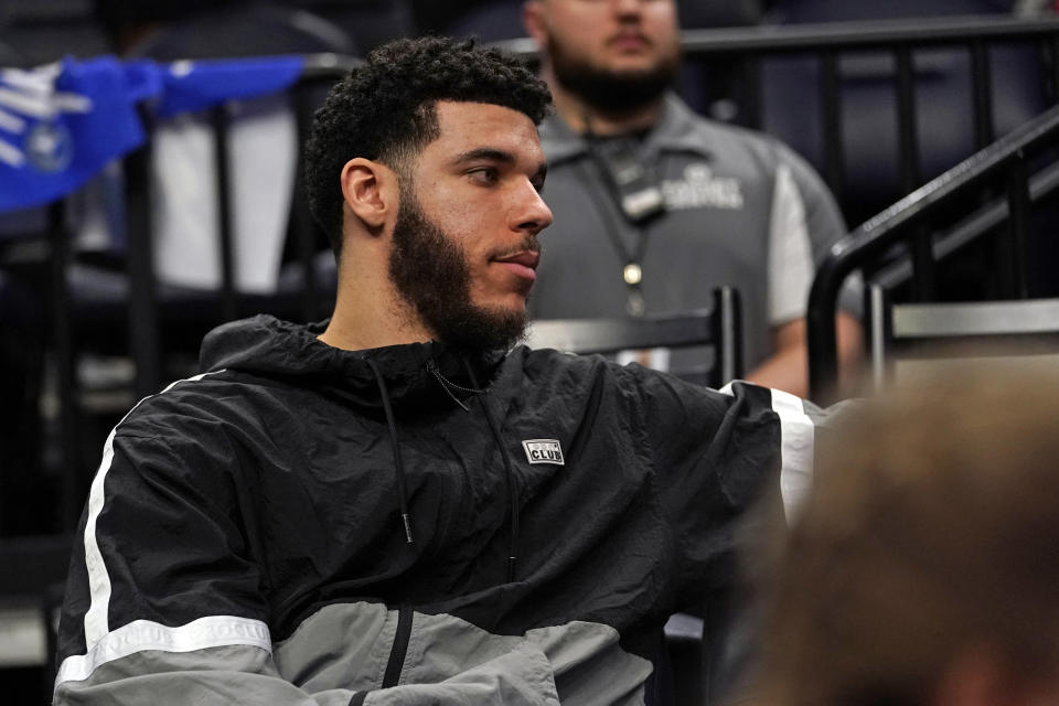 Apr 10, 2022; Minneapolis, Minnesota, USA; Chicago Bulls guard Lonzo Ball (2) looks on against the Minnesota Timberwolves during the fourth quarter at Target Center. Mandatory Credit: Nick Wosika-USA TODAY Sports