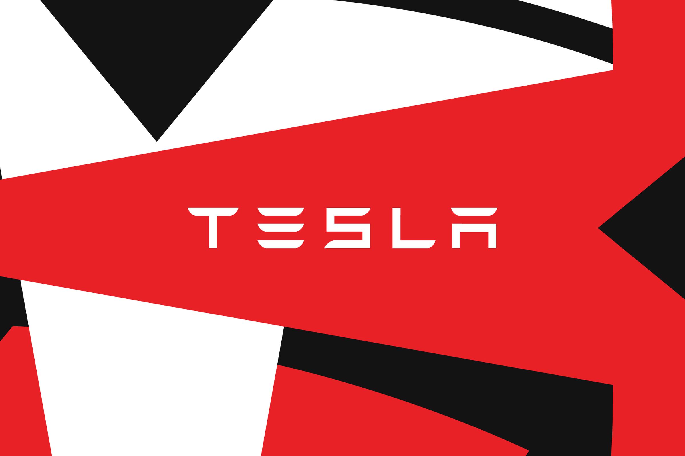 The Tesla logo on a red, black, and white background.