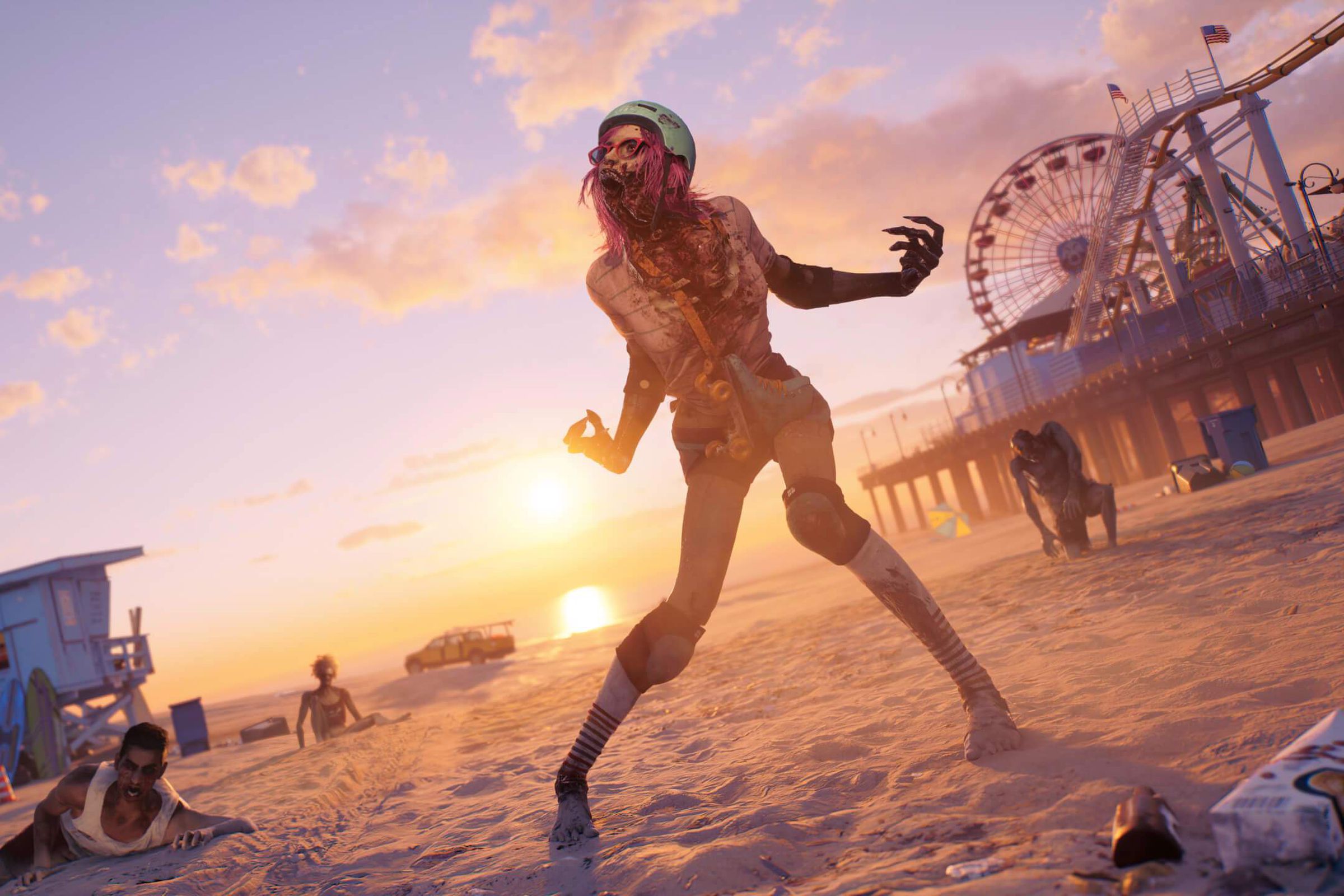 A screenshot from Dead Island 2 with a zombie walking on a beach.