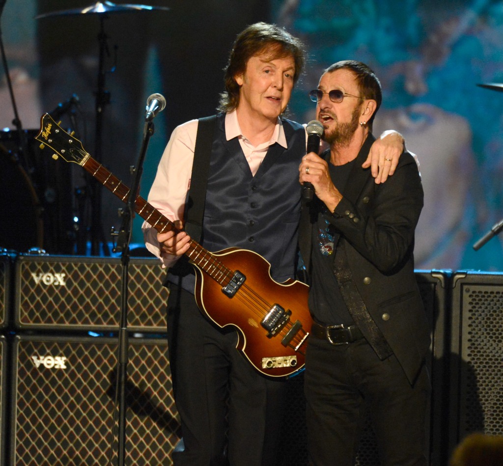 Paul McCartney and Ringo Starr perform onstage at "The Night That Changed America: A GRAMMY Salute To The Beatles" at Los Angeles Convention Center on January 27, 2014