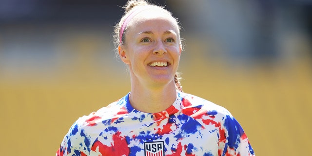 Becky Sauerbrunn, #4 of the United States, warms up before a game between New Zealand and USA at Sky Stadium on Jan. 17, 2023 in Wellington, New Zealand.