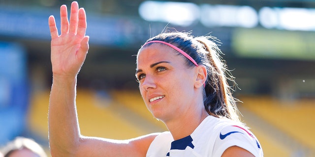 Alex Morgan waves to fans during the International friendly fixture match between the New Zealand Football Ferns and the United States at Sky Stadium on Jan. 18, 2023 in Wellington, New Zealand.