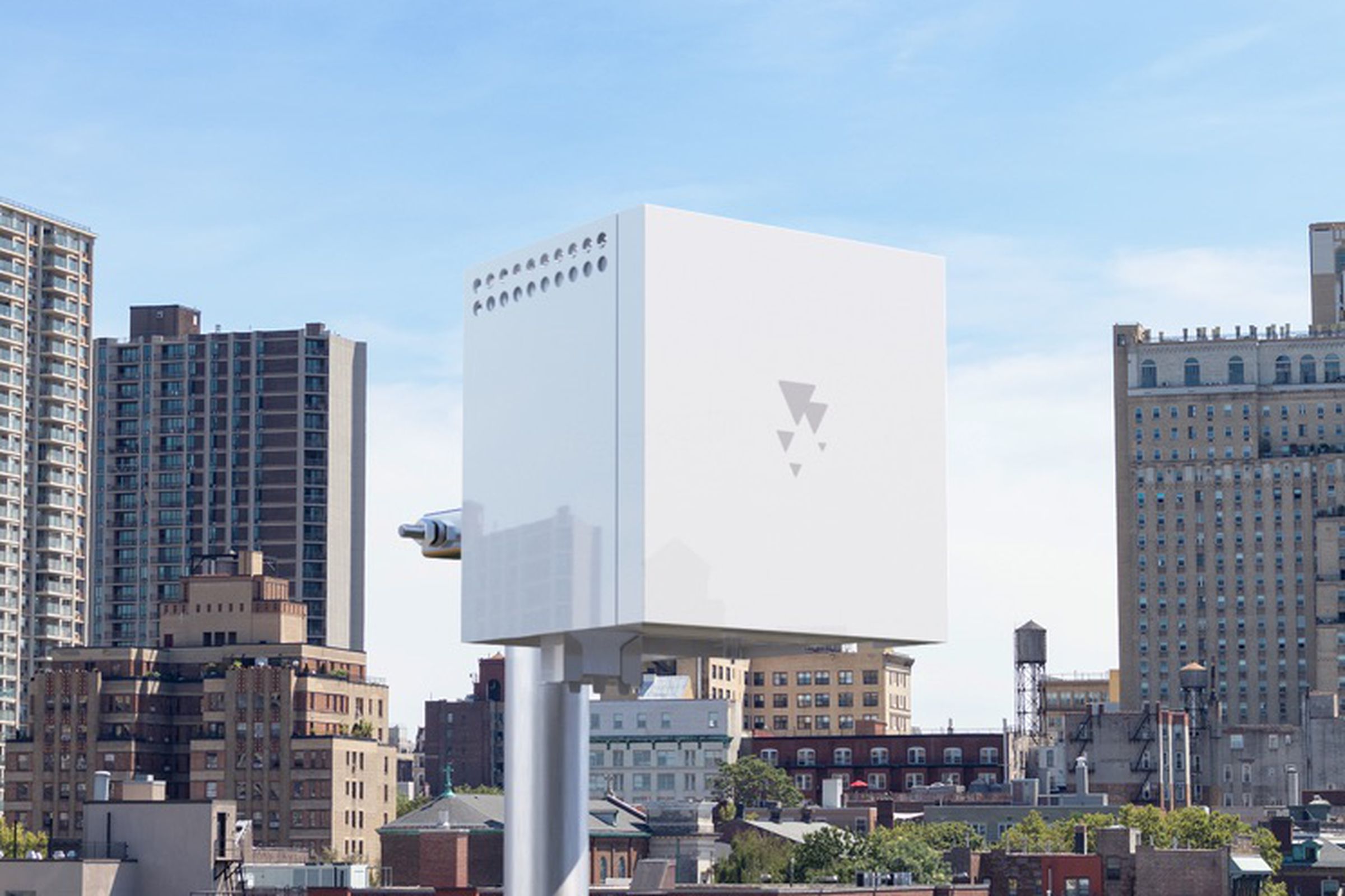 Photo of a piece of Starry equipment in front of a city skyline.