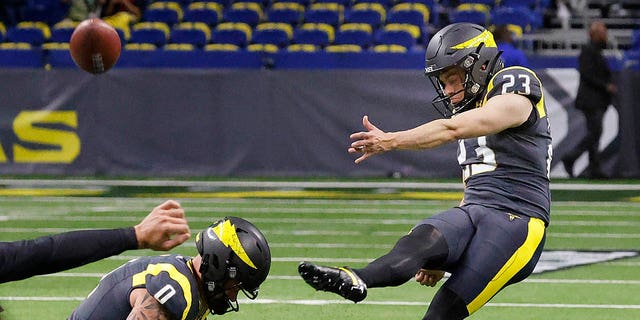 John Parker Romo #23 of the San Antonio Brahmas practices field goals before their game against of the St. Louis Battlehawks at the Alamodome on February 19, 2023, in San Antonio, Texas.